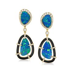 Ross-Simons - Black Opal Drop Earrings, .90ct t. w. Diamonds in 18kt Yellow Gold. Designed with an elegant edginess, these bold drop earrings evoke the most opulent drama imaginable. Alluring 12x8-16x8mm black opal slices are deepened by black enamel borders and juxtaposed by the bright, glamorous shine of .90 ct. t. w. round brilliant-cut diamonds. Finely crafted in polished 18kt yellow gold. Hanging length is 1 3/8". Post/clutch, black enamel, diamond and black opal drop earrings. Opal birthst Evening Multi-stone Round Earrings, Formal Multi-stone Drop Earrings, Formal Teardrop Multi-stone Earrings, Formal Multi-stone Teardrop Earrings, Formal Multi-stone Dangle Earrings, Multi-stone Drop Earrings For Evening, Evening Multi-stone Drop Earrings, Opal Drop Earrings, Opal Birthstone