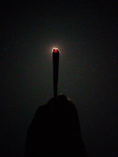 a person's hand holding up a lit candle in the dark with their fingers