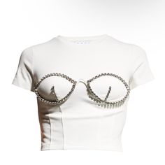 Details Area T-Shirt Featuring Crystal-Embellished Bustier Detail And Corsetlike Seaming Crew Neckline Short Sleeves Fitted Cropped Length Invisible Side Zip Rayon/Polyester/Spandex Imported Glamorous Stretch Embellished Crop Top, Luxury Crystal Embellished Crop Top For Women, Glamorous Cropped Rhinestone Crop Top, Luxury Crystal-embellished Crop Top For Evening, Luxury Crystal Embellished Crop Top, Cropped T Shirt, Crop Tshirt, Happy Place, Polyester Spandex