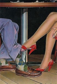 a painting of a woman's legs with high heels on the floor next to a table