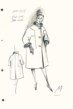 "Look at this fabulous Black Wool coat trimmed in Mink!  Gorgeous, designed by NINA RICCI in the 60's! As listed in the Table of Contents in the Cardinal Fashion Studio book, \"M\" represents all NINA RICCI designs. The illustrator for Cardinal attended the Couture Fashion Shows in Europe from 1950 - 1970, and sketched the designs in pencil or graphite stick on newsprint paper.   The sketch sheets were then sent to designers allover the UNITED STATES for inspiration and trend direction from Euro Fountain Pen Drawing, Newsprint Paper, Retro Coat, Fashion Design Sketch, Black Wool Coat, Mode Design, Coat Design, Fashion Studio, Fashion Shows