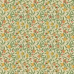 an old fashioned wallpaper with fruit and leaves on the side, all in different colors