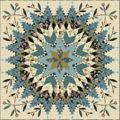 a blue and beige quilt with an intricate design on the center, surrounded by leaves