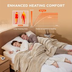 a man and woman laying in bed with an enhanced heating comfort