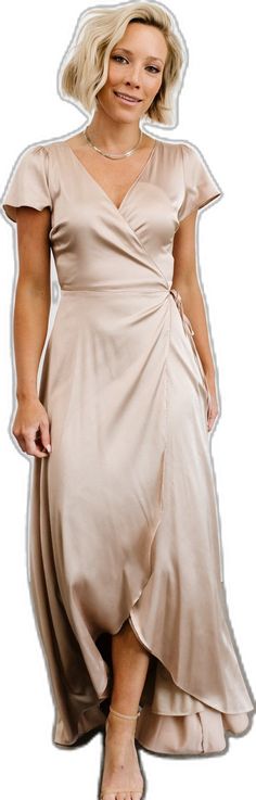 Krystal Satin Wrap Gown | Champagne - Baltic Born Elegant Solid Color Wrap Dress For Party, Elegant Solid Color Party Wrap Dress, Evening Satin Faux Wrap Dress, Elegant Solid Color Wrap Dress With Tie Waist, Elegant Solid Color Maxi Wrap Dress, Elegant Beige Wrap Dress With Surplice Neckline, Beige Party Dress With Tie Waist, Elegant Wrap Dress For Bridesmaid, Elegant Champagne V-neck Maxi Dress