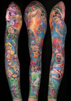 some very colorful tattoos on both legs and arms, with different characters all over them