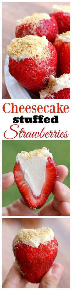 strawberry cheesecake stuffed with strawberries is shown in three different pictures and has been cut into pieces