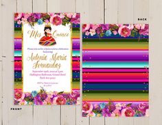 the front and back of a colorful wedding card