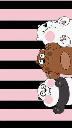 a group of bears sitting on top of each other in front of a black and pink striped background