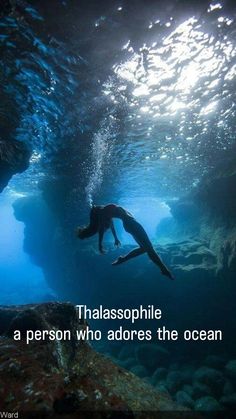 a person swimming in the ocean with a quote above it that reads thalasophile a person who adores the ocean