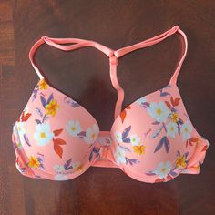 Where Everywhere Push Up Bra Peach Color With Floral Print. T-Shirt Back Has Adjustable Straps. Bra Unhooks From The Front. Size 34b. Flora Print, Printed Bras, Peach Color, Push Up Bra, Orange Pink, Women's Intimates, Push Up, Victoria Secret Pink, Pink And Orange