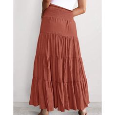 Rust Red Bohemia Pleated High Waist Maxi Skirt Red High-waist Skirt With Elastic Waistband, High Waist Red Skirt With Elastic Waistband, Red High Waist Skirt With Elastic Waistband, Red High Waist Skirt With Elastic Band, Casual Red Non-stretch Maxi Skirt, Casual Non-stretch Red Maxi Skirt, Red Solid Color Summer Skirt, Solid Non-stretch Skirt For Vacation, Non-stretch Red Bohemian Skirt