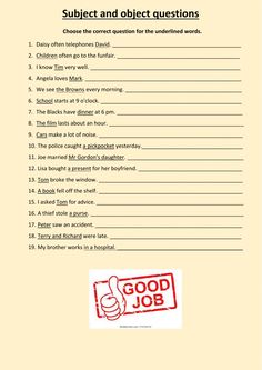 a printable worksheet with the words subject and object questions in red ink