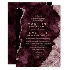 an elegant wedding card with purple marble and gold foil on the front, in black ink