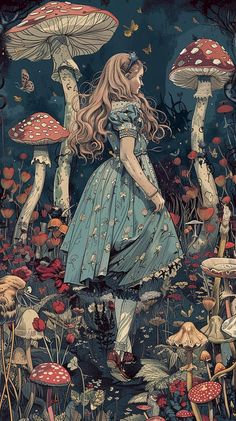 a painting of a girl standing in the middle of mushrooms with her hair blowing in the wind