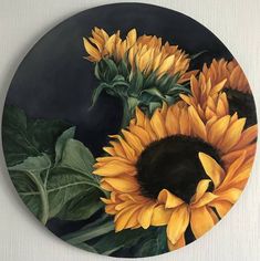 a painting of two yellow sunflowers on a black background