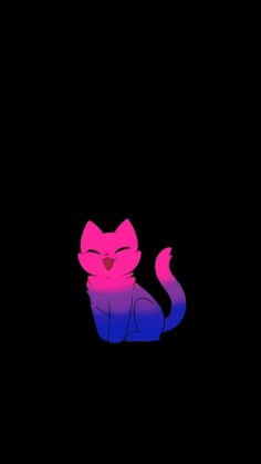 a pink and blue cat sitting in the dark