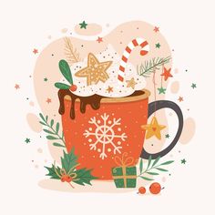 a mug filled with hot chocolate and topped with marshmallows, candy canes, star decorations, and christmas trees