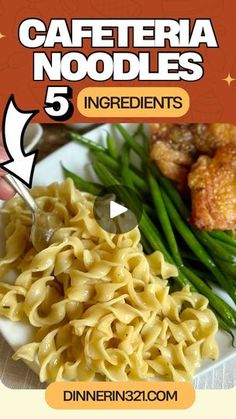 there is a plate of food with noodles and green beans on it, along with chicken wings