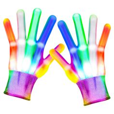 two rainbow colored gloves are shown with their hands extended