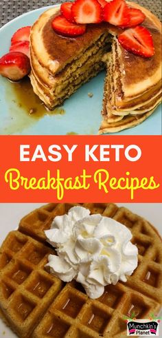 easy keto breakfast recipe with waffles, strawberries and whipped cream on top