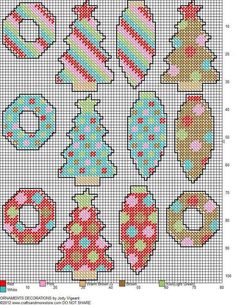 a cross stitch pattern with different designs on it, including christmas trees and donuts