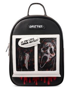 Do you like horror movies? We sure do. Carry all of your everyday horror essentials with this officially licensed Ghost Face Lenticular Mini Backpack. Officially licensed Exclusively at Spencer's Dimensions: 11" H x 8.5" W x 4.3" D Adjustable strap Strap length: 35" Zipper closure 1 Front pocket 1 Main zipper pocket Material: Polyurethane, polyester Care: Spot clean Imported Ghost Face is a registered trademark of Fun World Div., Easter Unlimited Inc. Ghost Face protected under worldwide copyrig Black Novelty Backpack For Halloween, Black Halloween Novelty Backpack, Novelty Black Backpack For Everyday Use, Novelty Halloween School Backpack, Scream Backpack, Scream Clothes, Scary Movie Night, Sanrio Clothes, Baked Dessert