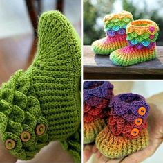 crocheted baby booties with buttons on them