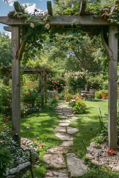 a stone path leads through a garden with flowers and greenery on both sides, leading to a pergolated arbor