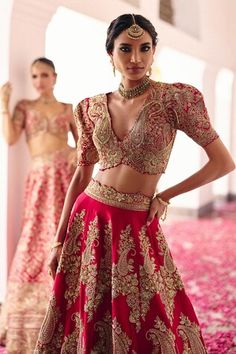 Red kalidar lehenga crafted in pure silk with all over Mosaic flora paisley embroidery using zardozi highlights. Paired with a matching embroidered V neck puffed sleeves cutwork border blouse and an embroidered cutwork border pure silk dupatta. - Aza Fashions Flora Bridal, Red Blouse, Silk Dupatta