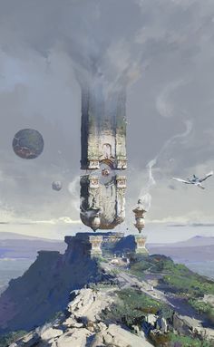 an artistic painting of a clock tower on top of a mountain