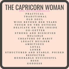 the capricon woman poster in pink and black with text that reads,'practical traditional