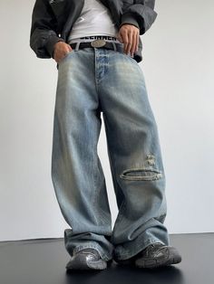 Men's Light Blue Denim Casual Wide Leg Baggy Jeans Light Wash    Denim Plain Straight Leg Non-Stretch  Men Clothing, size features are:Bust: ,Length: ,Sleeve Length: Denim Joggers Outfit, Aesthetic Guy Outfits, Baggy Jeans Men, Wide Leg Baggy Jeans, Baggy Ripped Jeans, Y2k Baggy Jeans, Drip Outfit Men, Stretch Denim Pants, Joggers Outfit