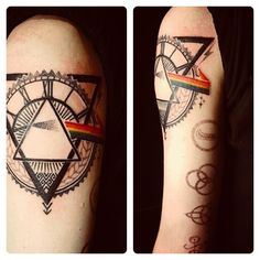 two tattoos on the arms of people with rainbows and sundials in them