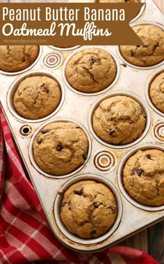 chocolate chip peanut butter banana oatmeal muffins in a muffin pan