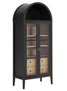 a black cabinet with two drawers and an arched door on one side, the doors are open