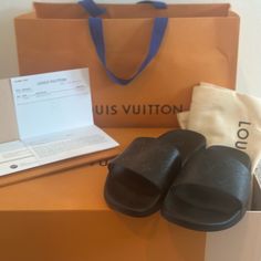 Retails Today For $690! These Are Men’s, But I Bought Hoping They Would Fit My Foot And They Are Too Wide. I Will Only Communicate Via Poshmark. No Side Messages. Price Is Firm So Poshmark Can Confirm Lv Authentication. Lv Slides, Louis Vuitton Shoes, Women's Shoes Sandals, Like New, New Color, Shoes Sandals, Womens Sizes, Louis Vuitton, Women Shoes