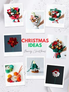 a bunch of pictures that are on top of a white surface with christmas decorations and flowers