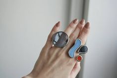 "Blue geometric big wavy blue ring minimalist large wave jewelry red circle hipster style disc stained glass teardrop statement size plus rings for women X shaped This ring is one of the 10 mine \"3 forms\" colection. Wisit my shop to watch all of them. Item contains one ring from forefinger. You can purchace clear blue ring in other listing in my shop" Molecule Necklace, Wave Jewelry, Modern Stained Glass, Stained Glass Jewelry, Hipster Style, Blue Ring, Stained Glass Diy, Stained Glass Crafts, Small Charms