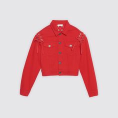 Size 34 Sandro Women's Red Hamza Lace-Up Denim Jacket Fitted Red Denim Jacket With Long Sleeves, Trendy Red Cotton Denim Jacket, Fitted Red Denim Jacket For Fall, Red Denim Jacket With Pockets For Spring, Red Long Sleeve Denim Jacket For Spring, Red Denim Jacket, Red Denim, Men Spring, Sandro Paris