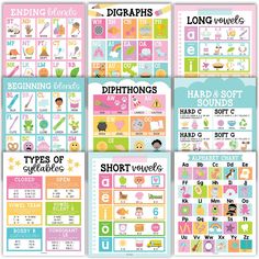 four different types of posters for children's learning and teaching materials, including letters, numbers