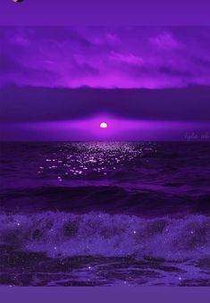 the sun is setting over the ocean with purple hues and stars in the sky