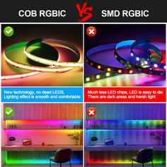 two different types of led strip lights in various colors and sizes, with the text cob rgbc vs smd rgbic