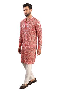 Ivory kurta with multicolour resham thread embroidered paisley and floral jaal patterns, embellished by sequins. Comes with pant. - Aza Fashions Cocktail Reception, Kurta With Pants, Pants Pattern, Mandarin Collar, Cotton Silk, Aza Fashion, Mens Pants, Types Of Sleeves, Paisley