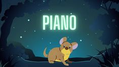 a cartoon mouse sitting in the middle of a forest at night with the word piano above it