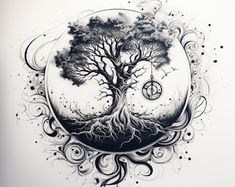 a drawing of a tree in a circle with swirls and circles around it's branches