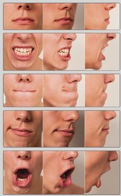 multiple images of the mouth and teeth of a person with different facial expressions on their face