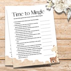 a printable time to mingle game with a teddy bear and flowers on the table