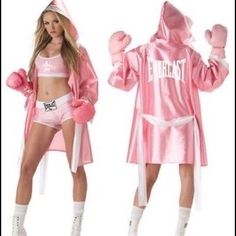 two women dressed in pink outfits and boxing gloves, one is wearing a pink robe