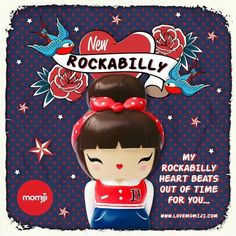 an advertisement for rockabilly featuring a girl with red hair and bow on her head